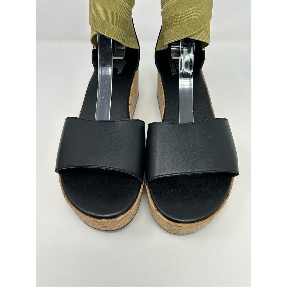 SOREL Platform Wedge Sandals Womens Black Cork Midsole Elastic Straps Size 11 - Picture 5 of 12